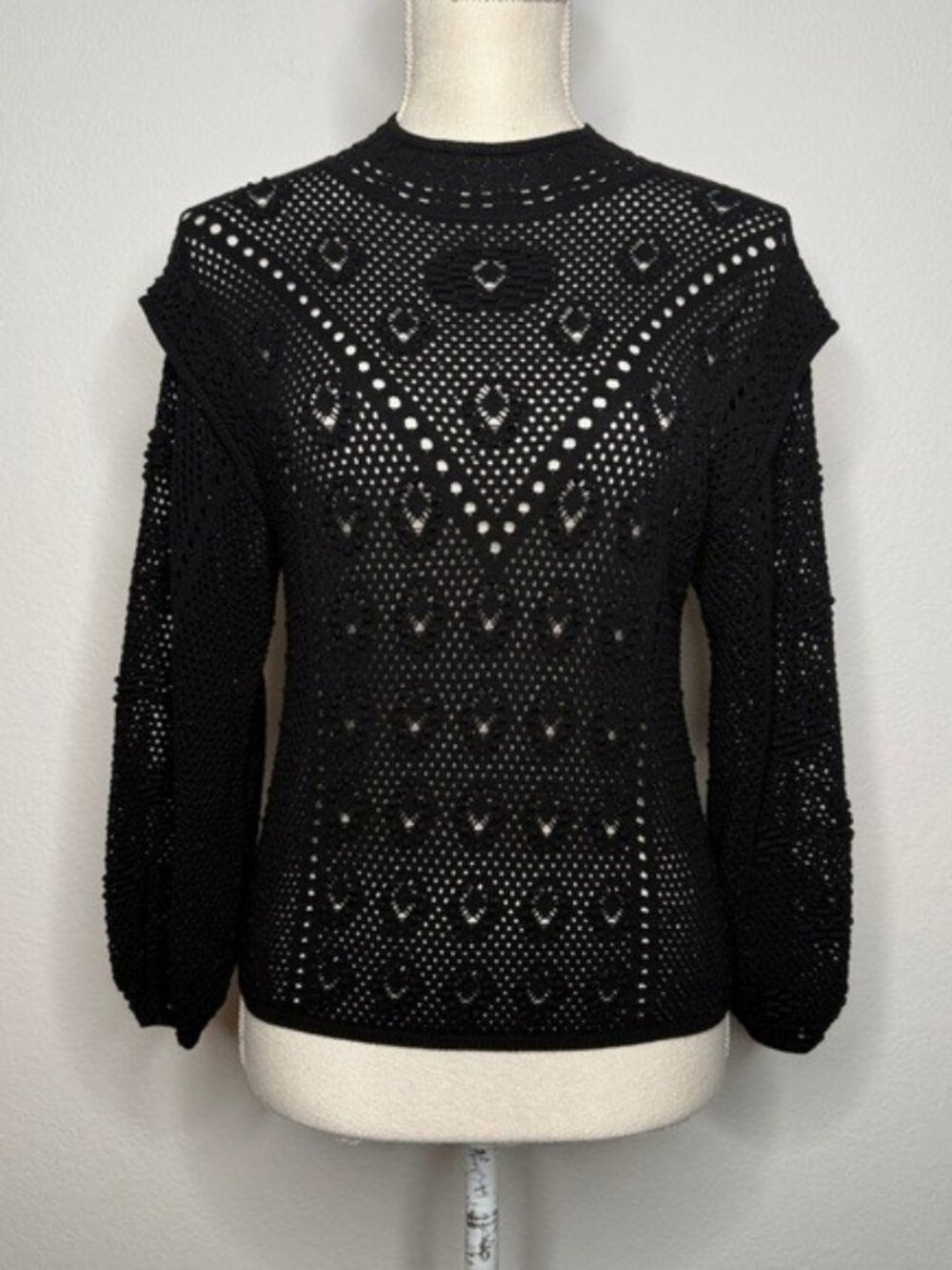 Frame Crochet Open Knit Sweater Black Long Sleeve Diamond Motif Size S